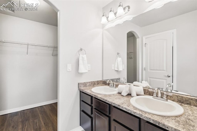 bathroom with hardwood / wood-style floors and vanity