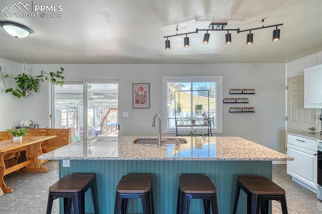 kitchen with sink, a breakfast bar, light stone countertops, a kitchen island with sink, and white cabinets