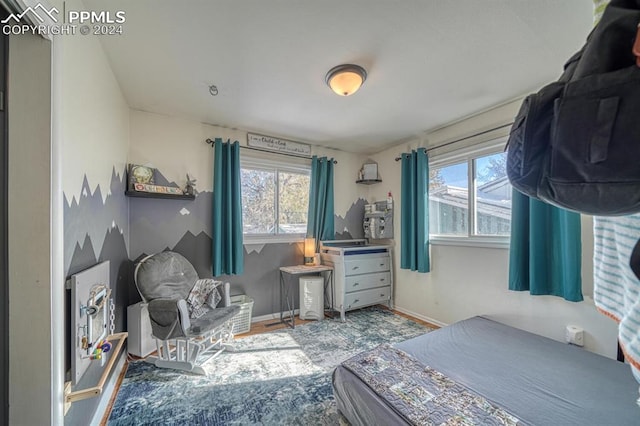 bedroom with hardwood / wood-style floors and multiple windows