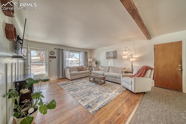 living room featuring light hardwood / wood-style floors and beam ceiling