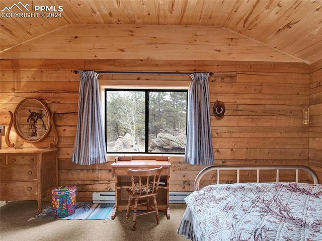 unfurnished bedroom with carpet flooring, wood walls, a baseboard radiator, lofted ceiling, and wooden ceiling