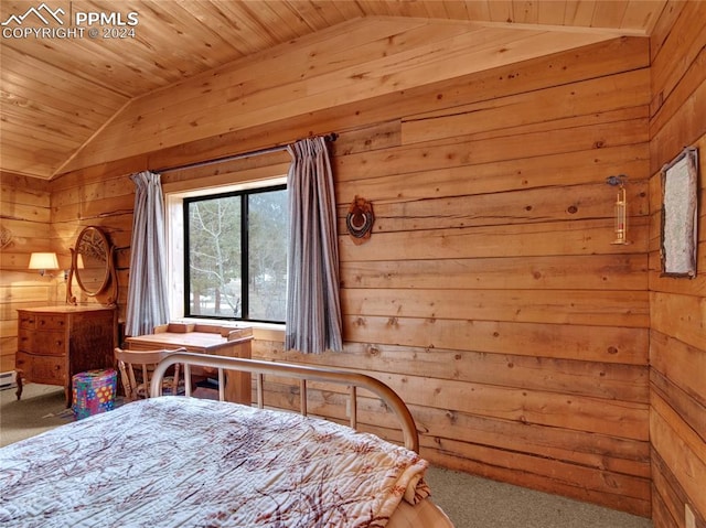 carpeted bedroom featuring wood walls, wood ceiling, and lofted ceiling