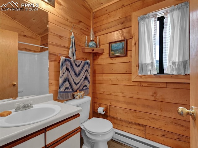 bathroom featuring baseboard heating, vanity, lofted ceiling, wooden walls, and toilet