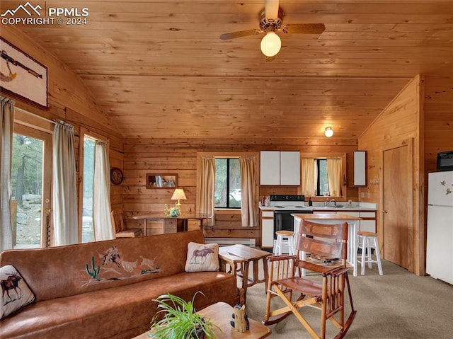 living room featuring plenty of natural light, wood walls, and wood ceiling