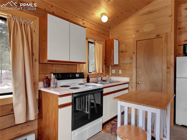 kitchen featuring wooden ceiling, sink, white appliances, white cabinets, and vaulted ceiling