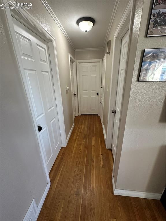 corridor with hardwood / wood-style floors and ornamental molding