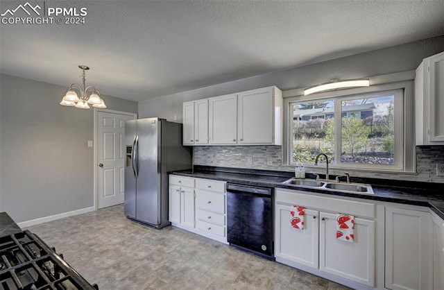 kitchen with white cabinetry, black dishwasher, a notable chandelier, stainless steel refrigerator with ice dispenser, and sink