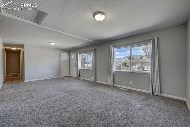 spare room featuring a textured ceiling and carpet