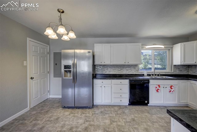 kitchen featuring stainless steel fridge with ice dispenser, white cabinetry, sink, and black dishwasher