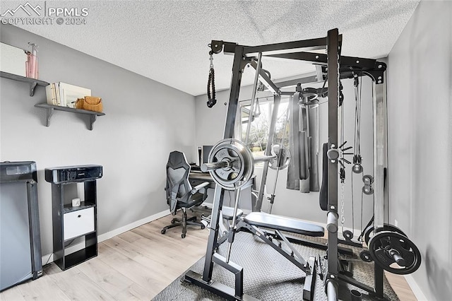 exercise room with light hardwood / wood-style flooring and a textured ceiling