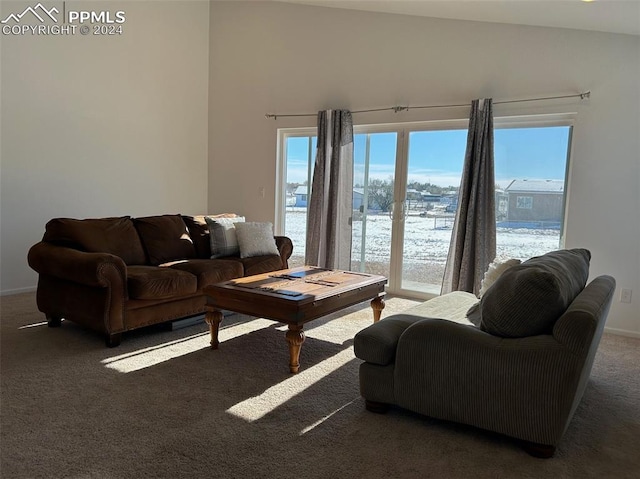 living area featuring baseboards, dark carpet, and a water view