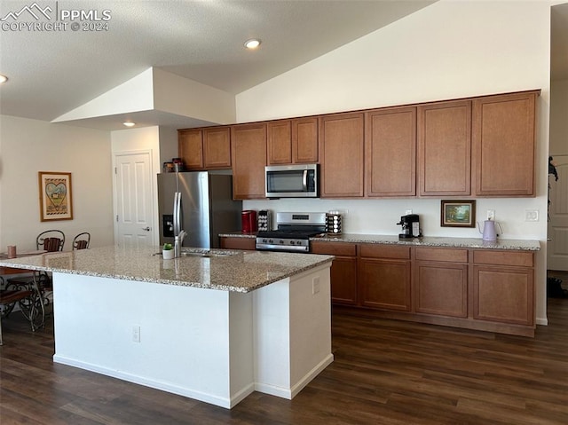 kitchen featuring brown cabinetry, an island with sink, dark wood-style floors, lofted ceiling, and stainless steel appliances