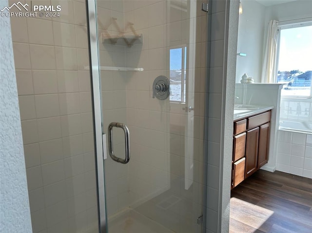 bathroom with a stall shower, a garden tub, vanity, and wood finished floors