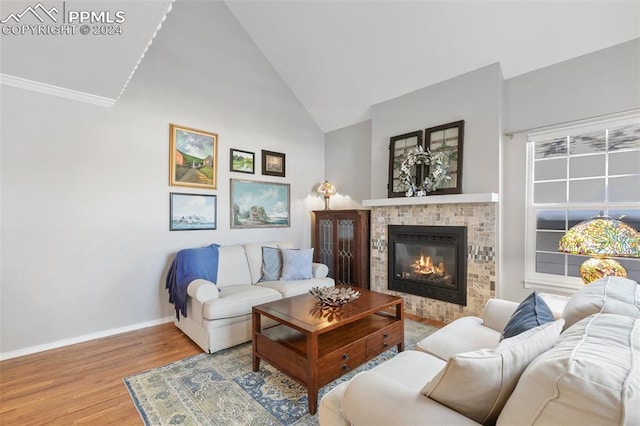 living room featuring high vaulted ceiling, hardwood / wood-style flooring, and a stone fireplace