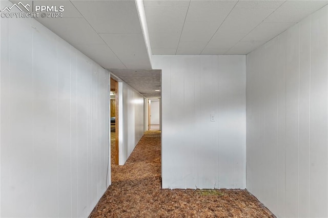 hallway with wood walls and carpet