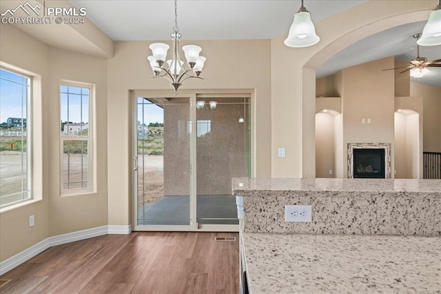 entryway featuring wood-type flooring and ceiling fan with notable chandelier