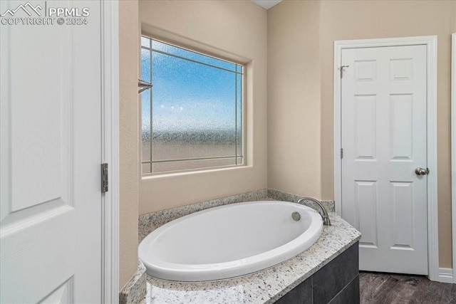 bathroom with tiled bath and hardwood / wood-style flooring