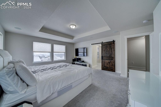 bedroom featuring a tray ceiling, a barn door, light carpet, and a textured ceiling