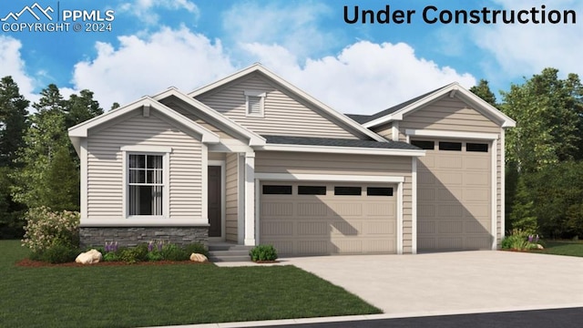 view of front of property with driveway, a front lawn, an attached garage, and stone siding