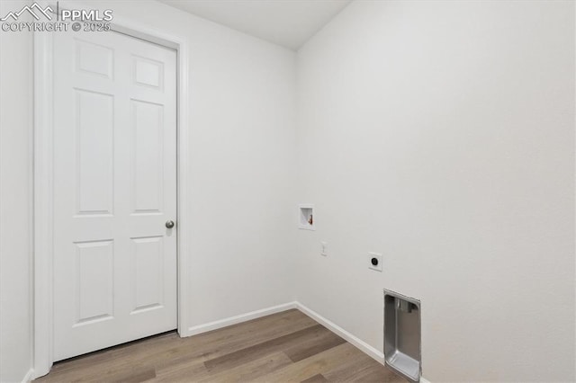 laundry area featuring laundry area, light wood finished floors, baseboards, hookup for a washing machine, and electric dryer hookup