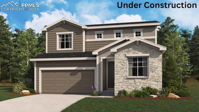 view of front of home with stone siding, an attached garage, driveway, and a front yard