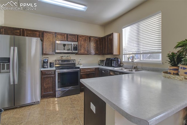 kitchen featuring kitchen peninsula, appliances with stainless steel finishes, dark brown cabinetry, and sink