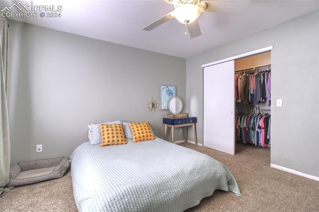 bedroom with carpet, a closet, and ceiling fan