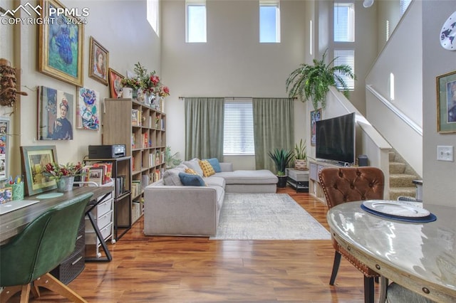 living room with hardwood / wood-style floors, a wealth of natural light, and a high ceiling