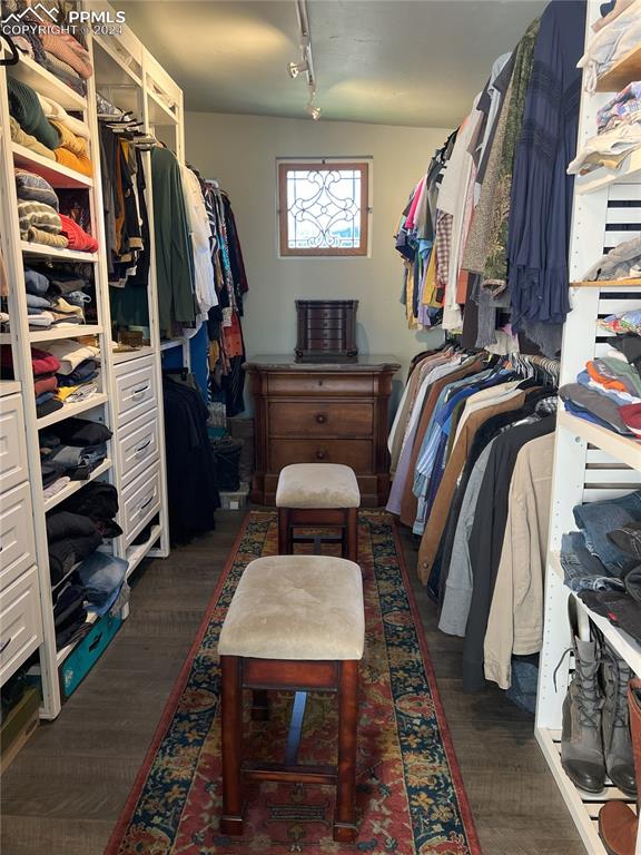 spacious closet with dark hardwood / wood-style floors