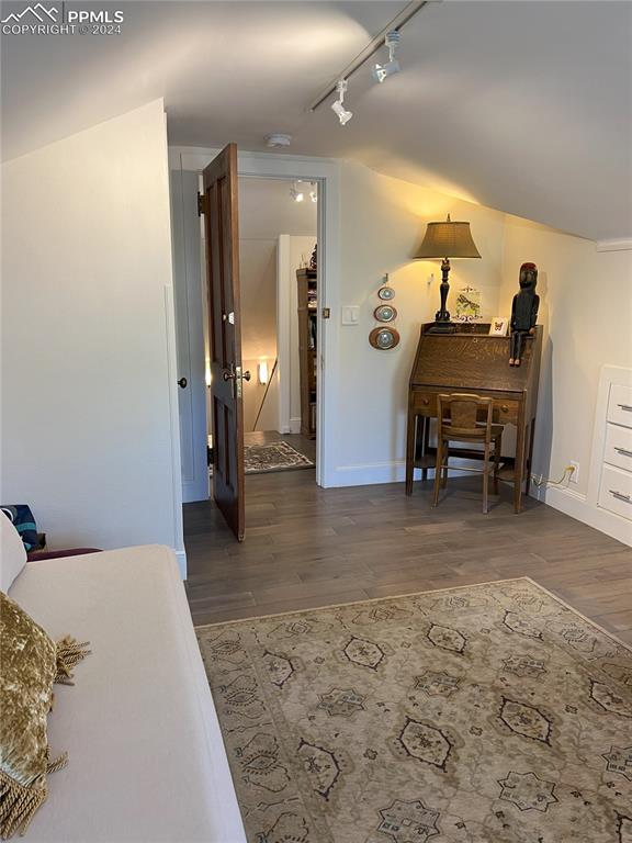 bedroom with rail lighting and dark hardwood / wood-style flooring