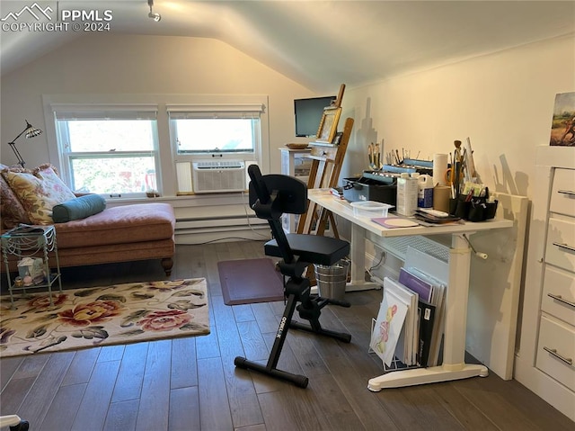 office featuring vaulted ceiling, cooling unit, and dark wood-type flooring