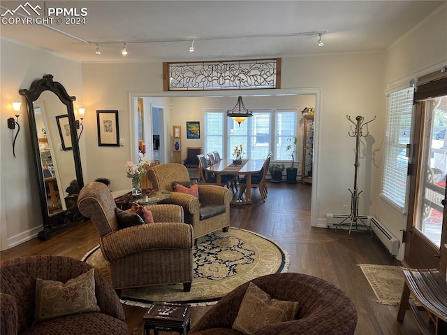 living room with a wealth of natural light, rail lighting, and dark wood-type flooring