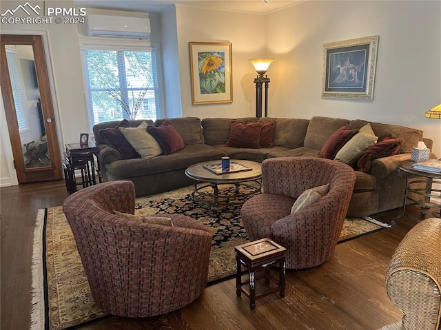 living room with crown molding, a wall mounted air conditioner, and dark hardwood / wood-style floors