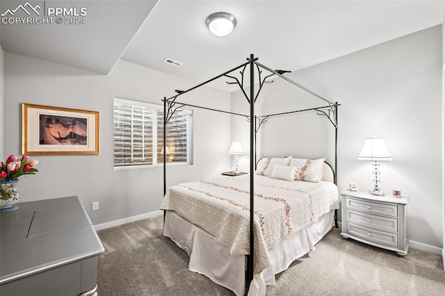 bedroom featuring dark colored carpet