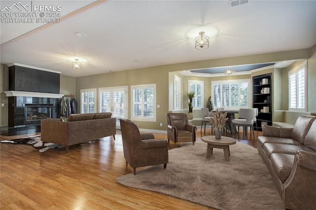 living room featuring a fireplace and hardwood / wood-style flooring