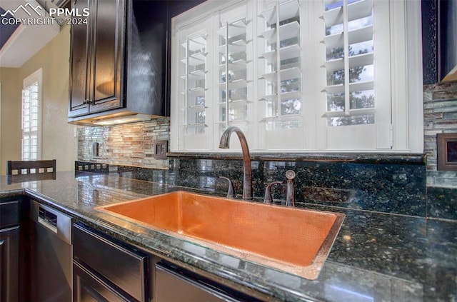 kitchen with backsplash, sink, stainless steel dishwasher, and dark brown cabinets