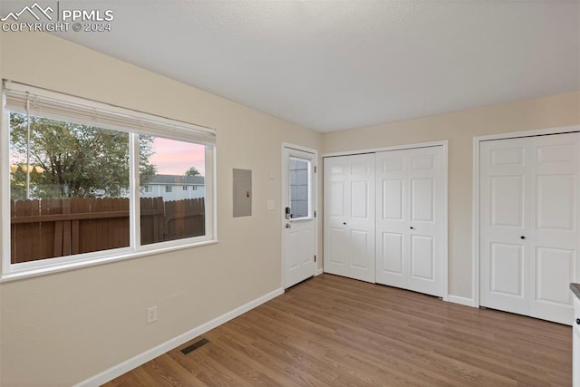 unfurnished bedroom with wood-type flooring, electric panel, and multiple closets