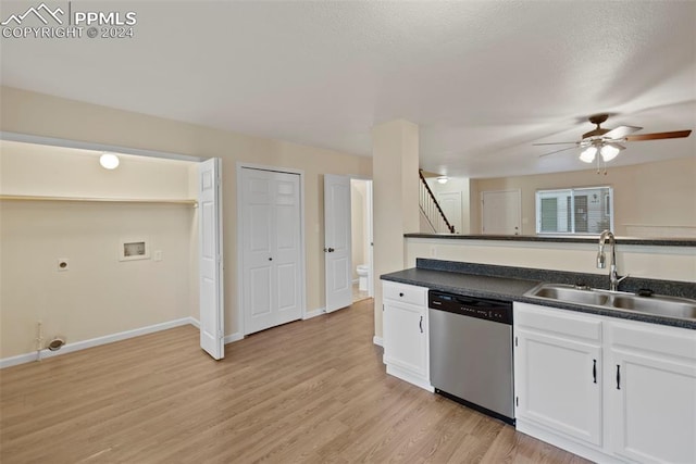 kitchen featuring white cabinetry, sink, ceiling fan, stainless steel dishwasher, and light wood-type flooring