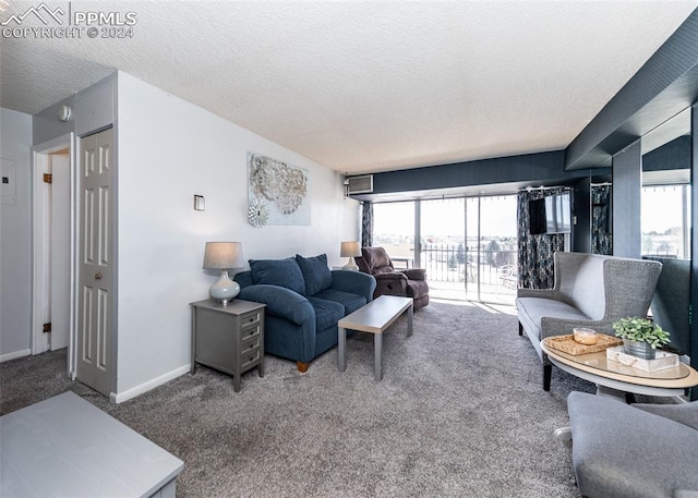 living room featuring carpet flooring and a textured ceiling