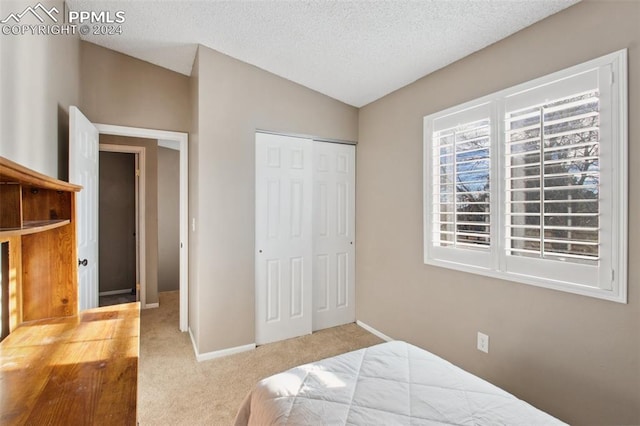 bedroom with carpet flooring, vaulted ceiling, a textured ceiling, and a closet