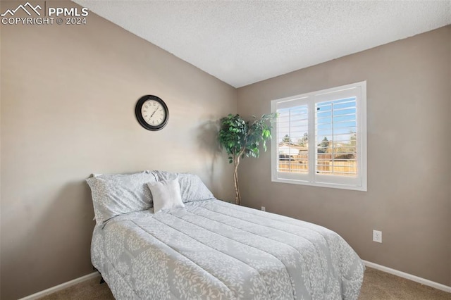 carpeted bedroom featuring a textured ceiling