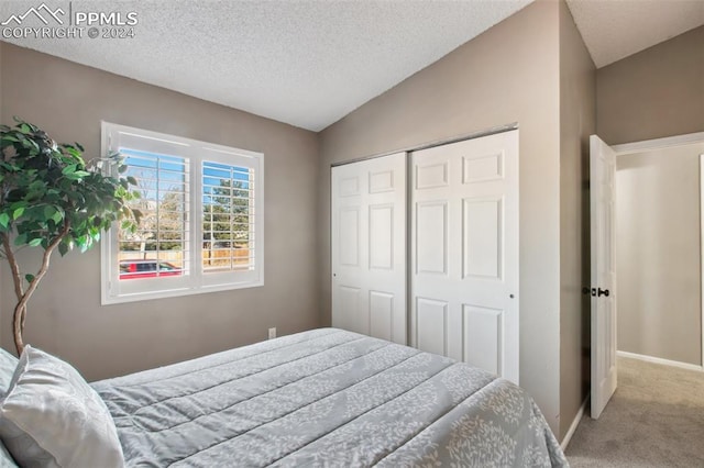 carpeted bedroom with a textured ceiling, a closet, and lofted ceiling