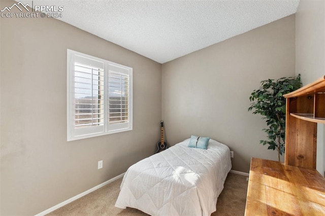 bedroom featuring carpet flooring and a textured ceiling