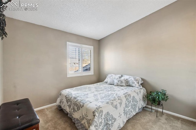 bedroom with lofted ceiling, light carpet, and a textured ceiling