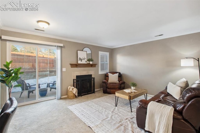 carpeted living room featuring crown molding and a fireplace