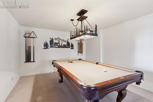 rec room with carpet and billiards