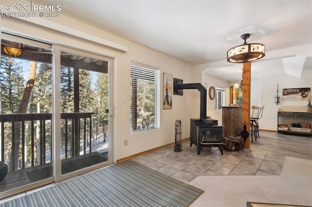 interior space featuring a wood stove