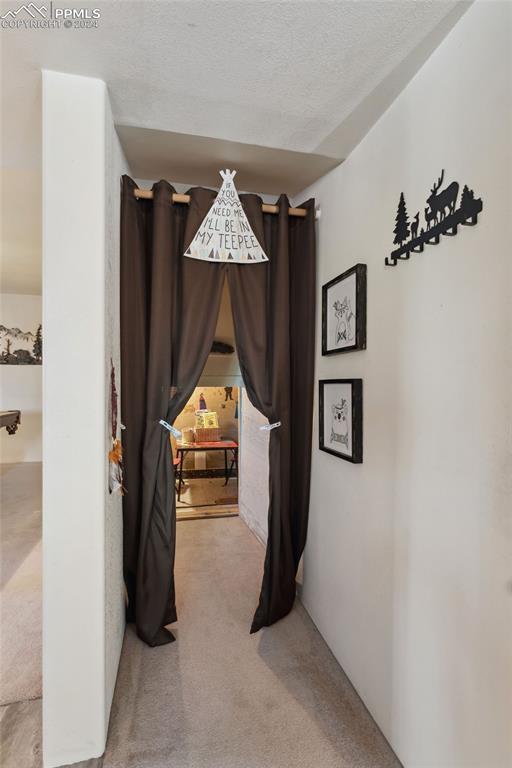 interior space with light colored carpet and a textured ceiling