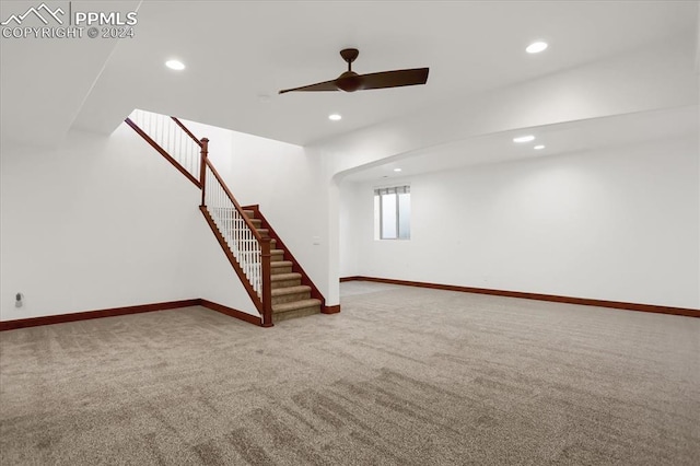 2933 Cathedral Park Vw, Colorado Springs, CO 80904 - basement featuring carpet flooring, a ceiling fan, stairway, recessed lighting, and baseboards