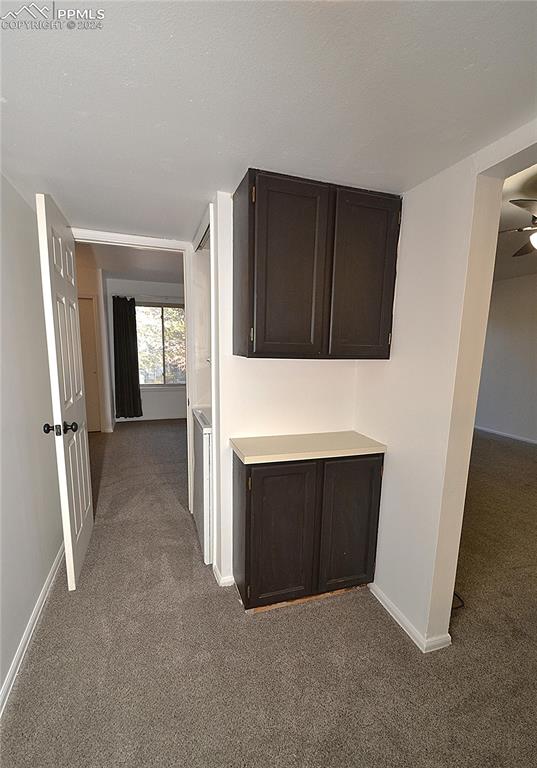 corridor featuring carpet flooring and a textured ceiling